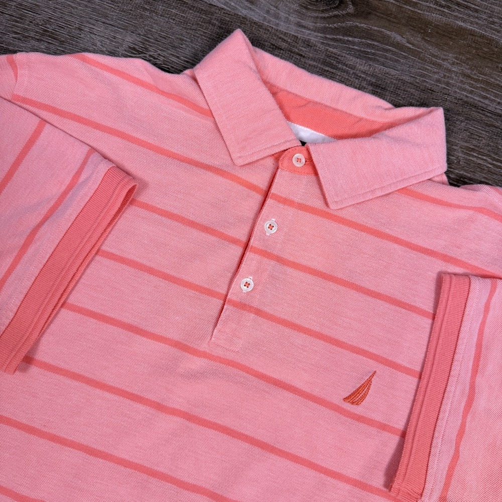 Nautica Men's Polo Shirt XL Dreamy Coral Striped Sailing Summer Preppy Clean